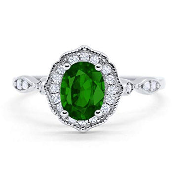 Antique Style Wedding Ring Oval Simulated Green Emerald CZ 925 Sterling Silver